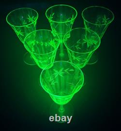 Vintage Uranium Wheel Cut Floral Optic Wine Glasses. Set of 6. Etched. EUC