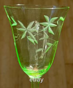 Vintage Uranium Wheel Cut Floral Optic Wine Glasses. Set of 6. Etched. EUC