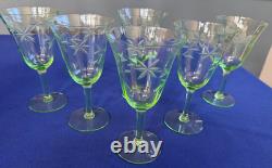 Vintage Uranium Wheel Cut Floral Optic Wine Glasses. Set of 6. Etched. EUC