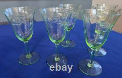 Vintage Uranium Wheel Cut Floral Optic Wine Glasses. Set of 6. Etched. EUC