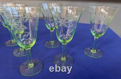 Vintage Uranium Wheel Cut Floral Optic Wine Glasses. Set of 6. Etched. EUC