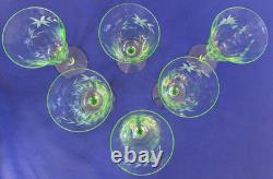 Vintage Uranium Wheel Cut Floral Optic Wine Glasses. Set of 6. Etched. EUC