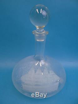 Vintage Used Old Clear Etched Glass Sailing Ship Unsigned Wine Bottle Decanter