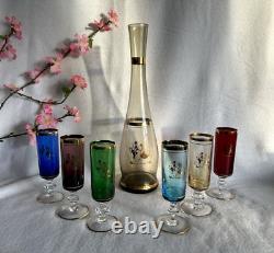 Vintage Venetian Glass Decanter & Wine Glasses with Gold Rim (7 pieces)