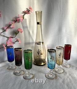 Vintage Venetian Glass Decanter & Wine Glasses with Gold Rim (7 pieces)