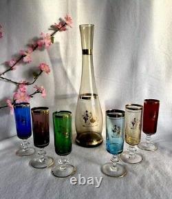 Vintage Venetian Glass Decanter & Wine Glasses with Gold Rim (7 pieces)