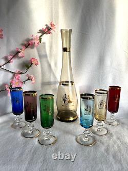 Vintage Venetian Glass Decanter & Wine Glasses with Gold Rim (7 pieces)