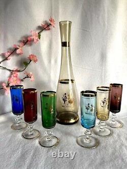 Vintage Venetian Glass Decanter & Wine Glasses with Gold Rim (7 pieces)