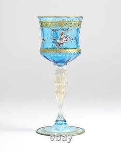 Vintage Venetian Murano Blue Blown Glass Wine Hock Gold Speck Stem Mythological