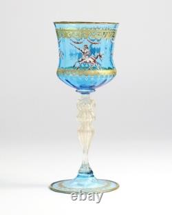 Vintage Venetian Murano Blue Blown Glass Wine Hock Gold Speck Stem Mythological