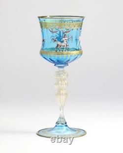 Vintage Venetian Murano Blue Blown Glass Wine Hock Gold Speck Stem Mythological