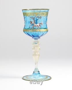 Vintage Venetian Murano Blue Blown Glass Wine Hock Gold Speck Stem Mythological