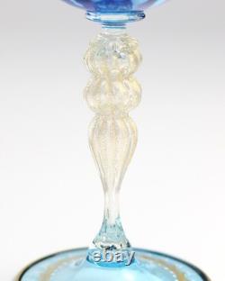Vintage Venetian Murano Blue Blown Glass Wine Hock Gold Speck Stem Mythological