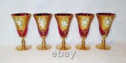 Vintage Venetian Murano Cenedese Vetri Red & Gold Handpainted Wine Glasses Set 5