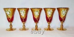 Vintage Venetian Murano Cenedese Vetri Red & Gold Handpainted Wine Glasses Set 5