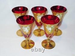 Vintage Venetian Murano Cenedese Vetri Red & Gold Handpainted Wine Glasses Set 5