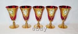 Vintage Venetian Murano Cenedese Vetri Red & Gold Handpainted Wine Glasses Set 5