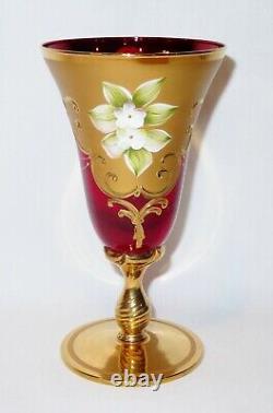 Vintage Venetian Murano Cenedese Vetri Red & Gold Handpainted Wine Glasses Set 5