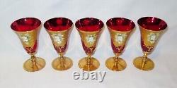 Vintage Venetian Murano Cenedese Vetri Red & Gold Handpainted Wine Glasses Set 5