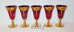 Vintage Venetian Murano Cenedese Vetri Red & Gold Handpainted Wine Glasses Set 5