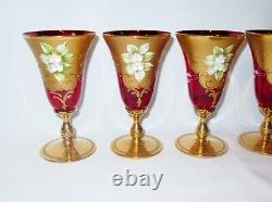 Vintage Venetian Murano Cenedese Vetri Red & Gold Handpainted Wine Glasses Set 5
