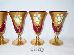 Vintage Venetian Murano Cenedese Vetri Red & Gold Handpainted Wine Glasses Set 5