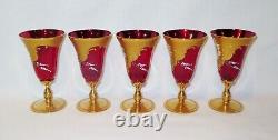 Vintage Venetian Murano Cenedese Vetri Red & Gold Handpainted Wine Glasses Set 5