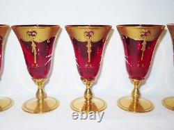 Vintage Venetian Murano Cenedese Vetri Red & Gold Handpainted Wine Glasses Set 5