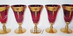 Vintage Venetian Murano Cenedese Vetri Red & Gold Handpainted Wine Glasses Set 5