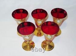 Vintage Venetian Murano Cenedese Vetri Red & Gold Handpainted Wine Glasses Set 5