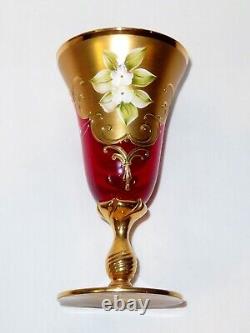 Vintage Venetian Murano Cenedese Vetri Red & Gold Handpainted Wine Glasses Set 5
