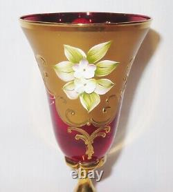 Vintage Venetian Murano Cenedese Vetri Red & Gold Handpainted Wine Glasses Set 5