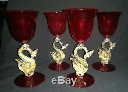 Vintage Venetian Salviati Ruby Red Swan Stem Wine Glasses Set of 4