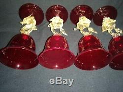 Vintage Venetian Salviati Ruby Red Swan Stem Wine Glasses Set of 4