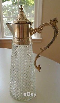 Vintage Waffle Crystal Ornate Silver Plate Lid Lion Handle Wine Decanter Italy
