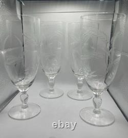 Vintage Wheat Etched Crystal Goblet Clear Stemmed Glass Frosted Etching Set If 4