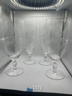 Vintage Wheat Etched Crystal Goblet Clear Stemmed Glass Frosted Etching Set If 4