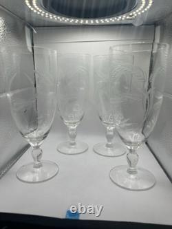 Vintage Wheat Etched Crystal Goblet Clear Stemmed Glass Frosted Etching Set If 4