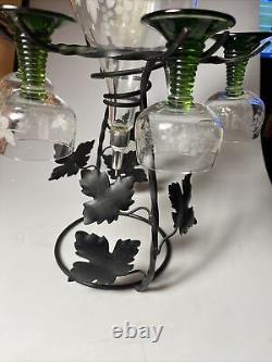 Vintage Wine Aerator Dispenser Wrought Iron Stand Decanter 4 Glasses Etched