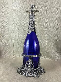 Vintage Wine Bottle Coaster Decanter Blue Glass Ornate Silverplate Harrods