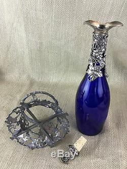 Vintage Wine Bottle Coaster Decanter Blue Glass Ornate Silverplate Harrods