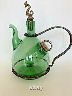 Vintage Wine Bottle Decanter Green Glass Hand Blown Ice Chamber Dolphin Italy