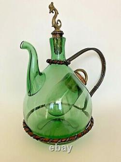 Vintage Wine Bottle Decanter Green Glass Hand Blown Ice Chamber Dolphin Italy