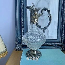 Vintage Wine Claret Jug Cut Glass Crystal Silver Plated Ewer Spain