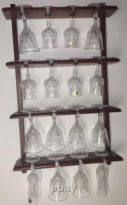 Vintage Wine Glass And Champaign Flutes With Wooden Rack Crystal France 24% Lead