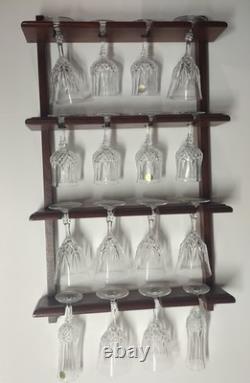 Vintage Wine Glass And Champaign Flutes With Wooden Rack Crystal France 24% Lead
