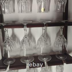 Vintage Wine Glass And Champaign Flutes With Wooden Rack Crystal France 24% Lead