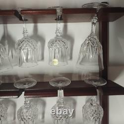 Vintage Wine Glass And Champaign Flutes With Wooden Rack Crystal France 24% Lead
