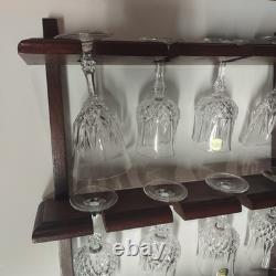 Vintage Wine Glass And Champaign Flutes With Wooden Rack Crystal France 24% Lead