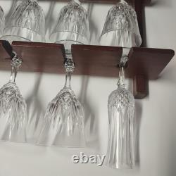 Vintage Wine Glass And Champaign Flutes With Wooden Rack Crystal France 24% Lead